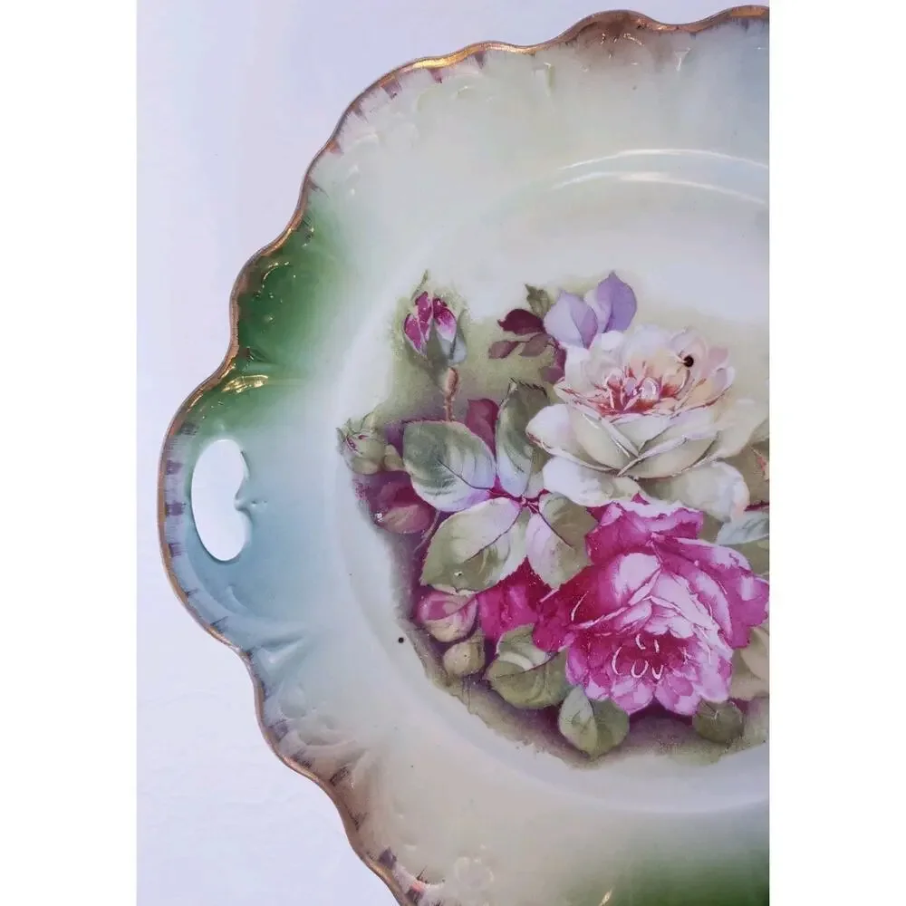 Vintage Hand‎ Painted Handled Cake Dessert Plate Green w/ Pink Roses Germany